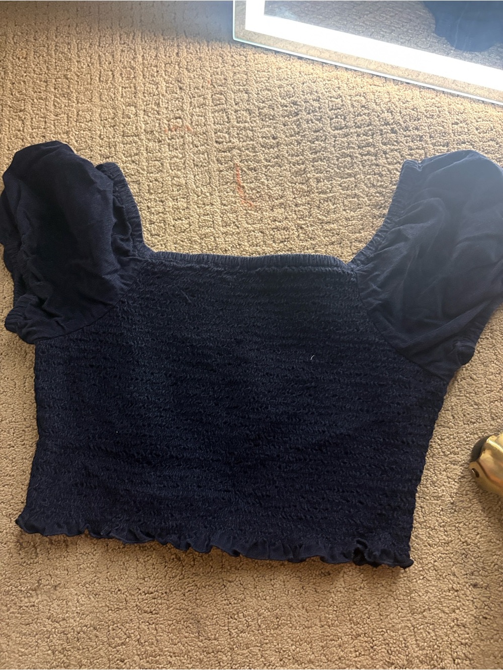 American Eagle Outfitters Navy Smocked Puff Sleeve Crop Top